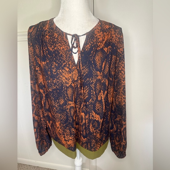 CAbi Tops - CAbi Orange and Black Patterned Blouse with Green Trim size M